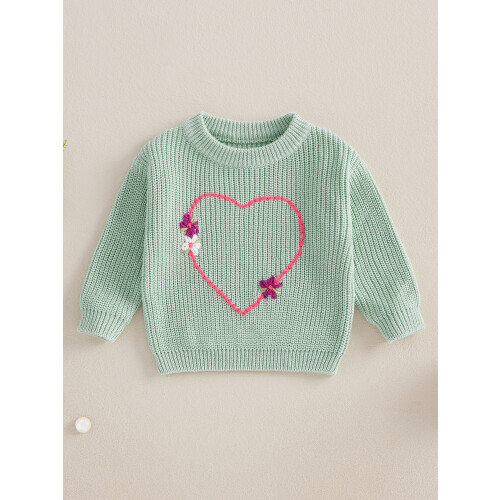 (3-4 Years, Green) Mädchenpullover, langärmelig, Rundhalsausschnitt, Herzblumenmuster, warmer Winterpullover 2