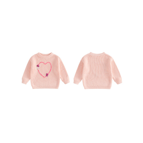 (18-24 Months, Light Pink) Mädchenpullover, langärmelig, Rundhalsausschnitt, Herzblumenmuster, warmer Winterpullover 1
