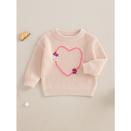 (6-9 Months, Beige) Mädchenpullover, langärmelig, Rundhalsausschnitt, Herzblumenmuster, warmer Winterpullover 2