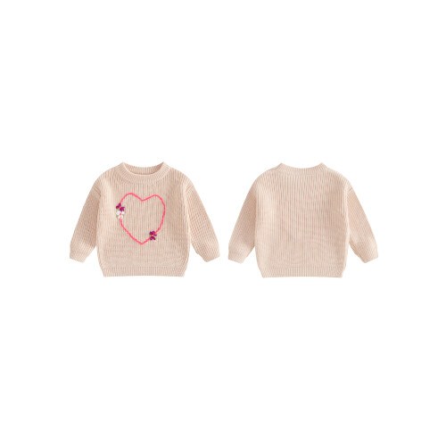 (18-24 Months, Beige) Mädchenpullover, langärmelig, Rundhalsausschnitt, Herzblumenmuster, warmer Winterpullover 1