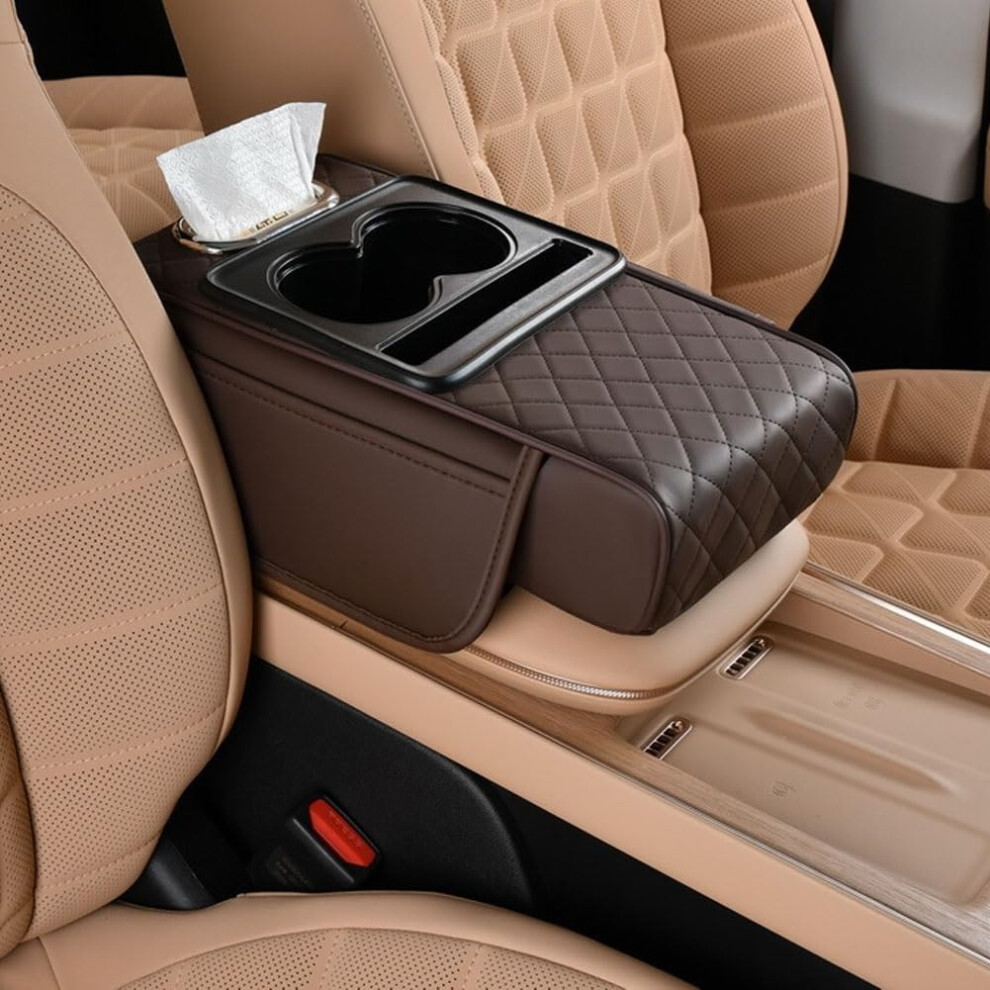 Pu Leather Car Armrest Organizer With Cup Holder, Phone Slot And Storage Pockets, 5In1 Brown 9771547182481