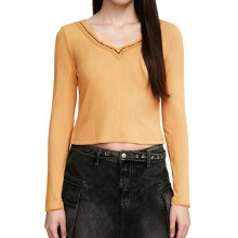 (L, Yellow) Hauts tricotés pour femmes, automne, coupe ajustée, élégants, bordures contrastées, col en V, manches longues