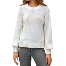 (L, White) Pull ample d'automne pour femme, couleur unie, épaules tombantes, manches longues, col rond, en maille