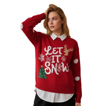 (XXL, Red) Pull de Noël en maille pour femme, manches longues, col rond, imprimé sapin de Noël, renne et flocons de neige
