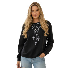 (L, Black) Sweat-shirt imprimé croix pour femme, coupe ample, col rond et manches longues, style décontracté et tendance