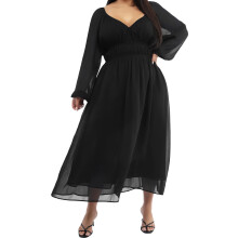(XXL, Black) Robe longue automne femme, mousseline, manches longues, décolleté V, taille smockée, grande taille
