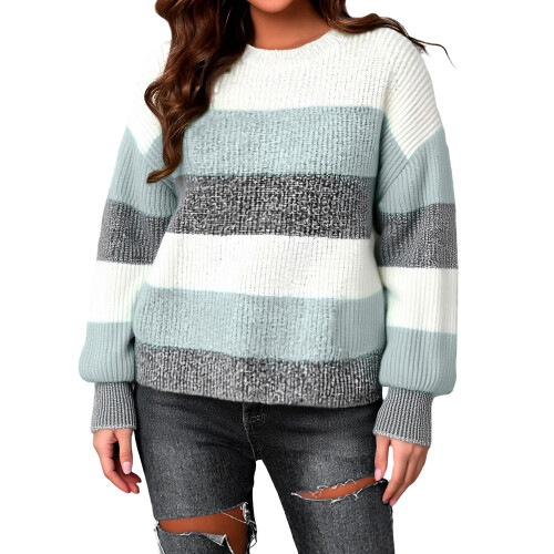 (XL, Light Green) Γυναικείο Ριγέ Πουλόβερ Στρογγυλή Λαιμόκοψη