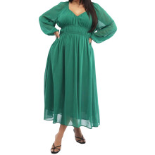 (XXXL, Green) Robe longue automne femme, mousseline, manches longues, décolleté V, taille smockée, grande taille