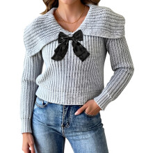 (M, Gray) Pull court ample d'automne pour femme, col à revers, manches longues, grand nœud, en maille.