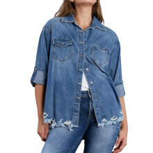 (L, Blue) Veste en jean d'automne femme, unie, manches longues, col rabattu, chemise boutonnée, idéale pour le quotidien.