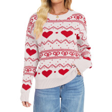 (M, White) Pull en maille pour femme, manches longues, col rond, imprimé cœur, idéal pour la Saint-Valentin