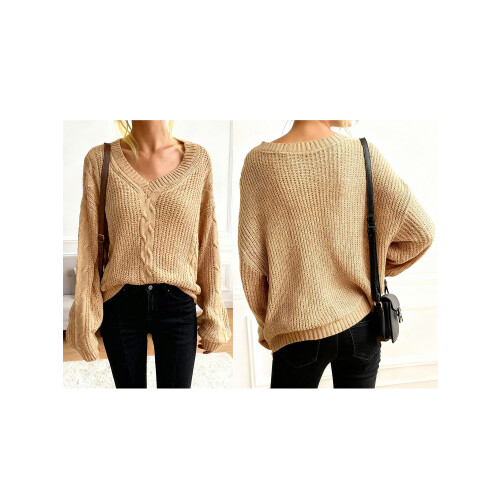 (L, Khaki) Γυναικεία φθινοπωρινά φαρδιά πλεκτό καλώδιο 1