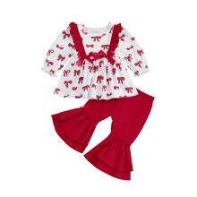 (3-4 Years, Red) Éadaí Lá Vailintín do Chailíní Óga, Prionta Bogha, Barr Muineál Crua, Muinchille Fada, 2 phíosa