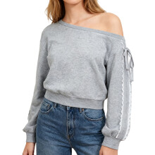 (XL, Gray) Pull ample d'automne pour femme, col asymétrique, épaules dénudées, manches longues, orné de dentelle