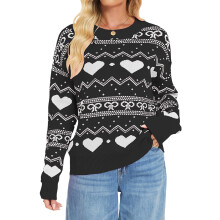 (S, Black) Pull en maille pour femme, manches longues, col rond, imprimé cœur, idéal pour la Saint-Valentin