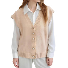 (One Size, Khaki) Women Solid Vest Cardigan Loose V Neck Pearl Button-up Sleeveless Sweater Casual Winter Fall Clothes