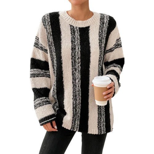 (XL, Multicolor) Γυναικείο Ριγέ Πουλόβερ Στρογγυλή Λαιμόκοψη
