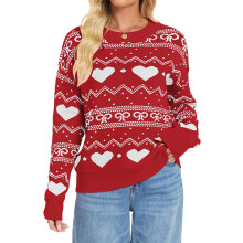 (M, Red) Pull en maille pour femme, manches longues, col rond, imprimé cœur, idéal pour la Saint-Valentin