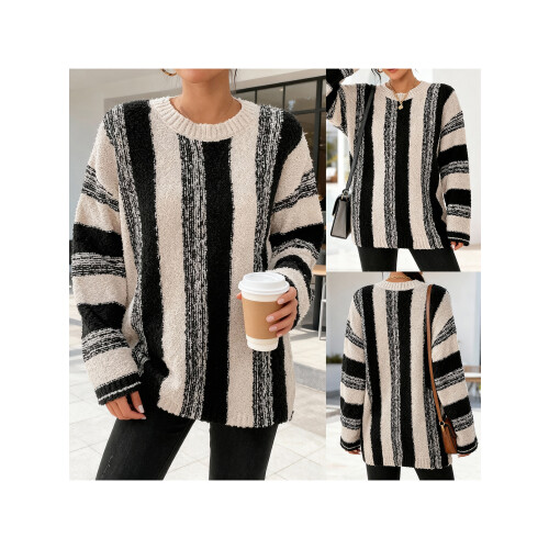 (XL, Multicolor) Γυναικείο Ριγέ Πουλόβερ Στρογγυλή Λαιμόκοψη 1