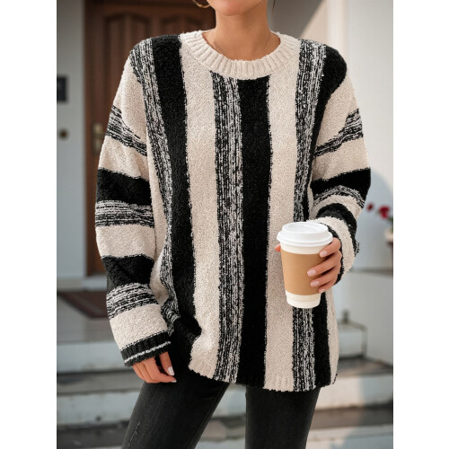 (XL, Multicolor) Γυναικείο Ριγέ Πουλόβερ Στρογγυλή Λαιμόκοψη 2