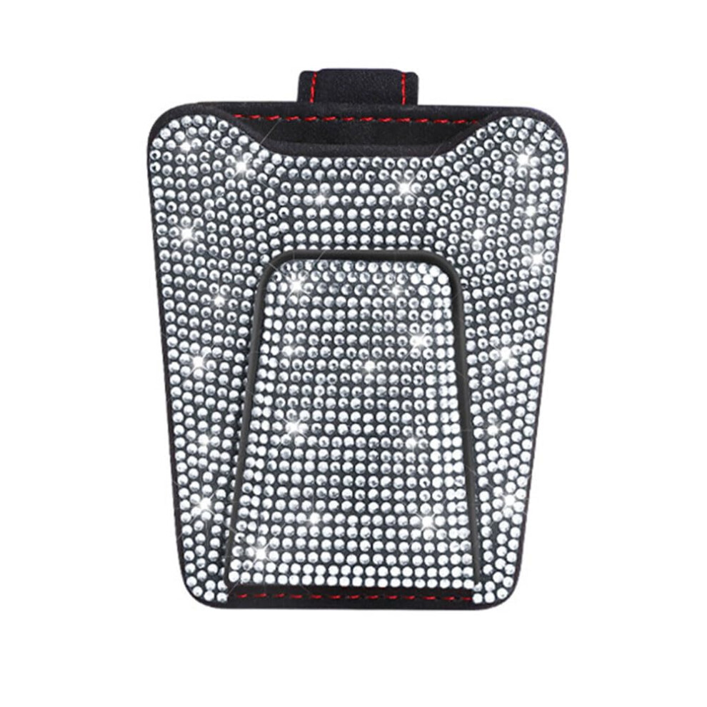 Pu Leather Crystal Car Sunglasses Holder With Rhinestone Visor Clip And Card Organizer White 9169991203508