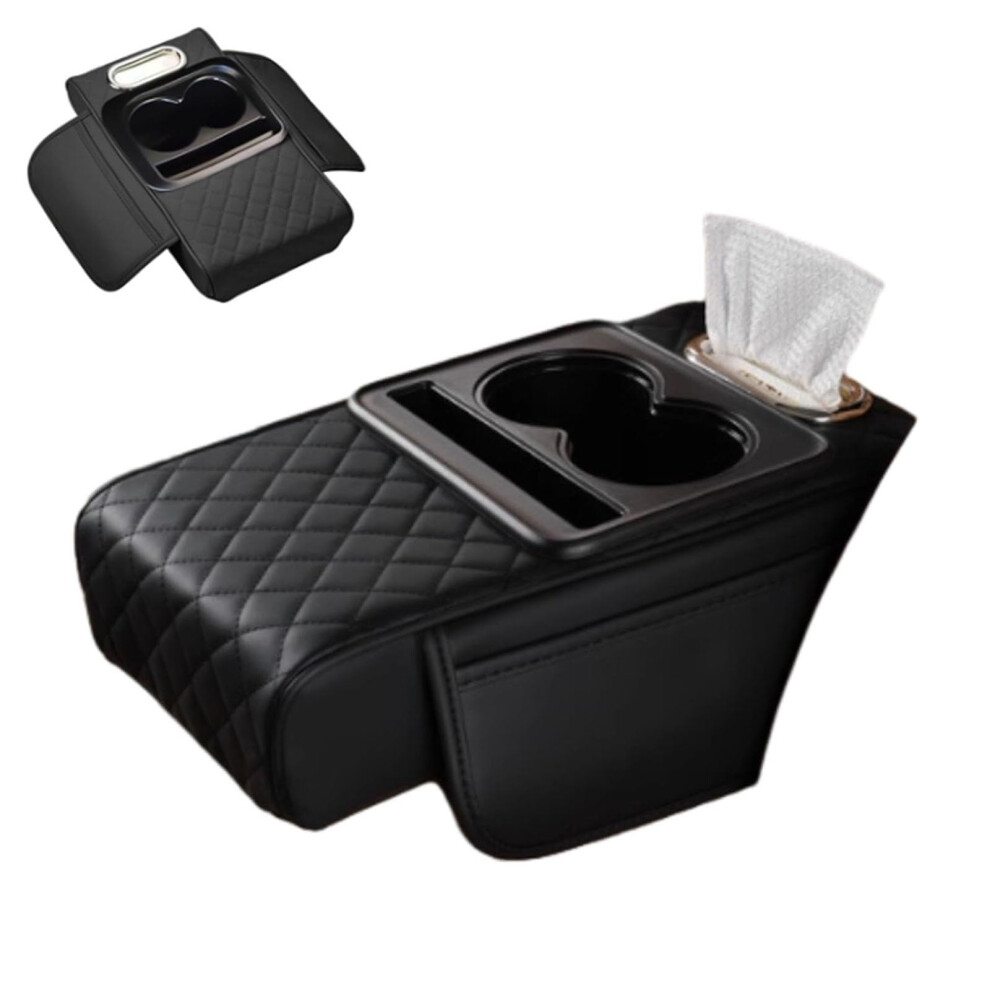 Universal Pu Leather Car Armrest Cushion With Storage, Cup Holder, Tissue And Phone Slots Black 9169991203638