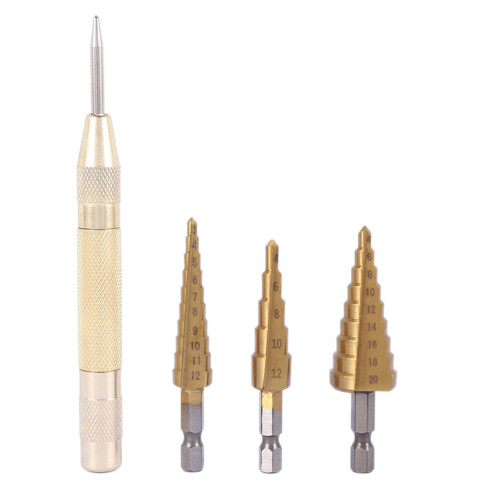 3 pcs HSS Titanium Step Drill Bit Set & 1 pcs Automatic Center Punch 1