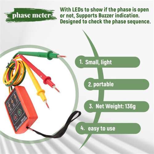New 3 Phase Sequence Rotation Tester Indicator Detector Meter LED Buzzer with Portable Pouch TD-LED02 2