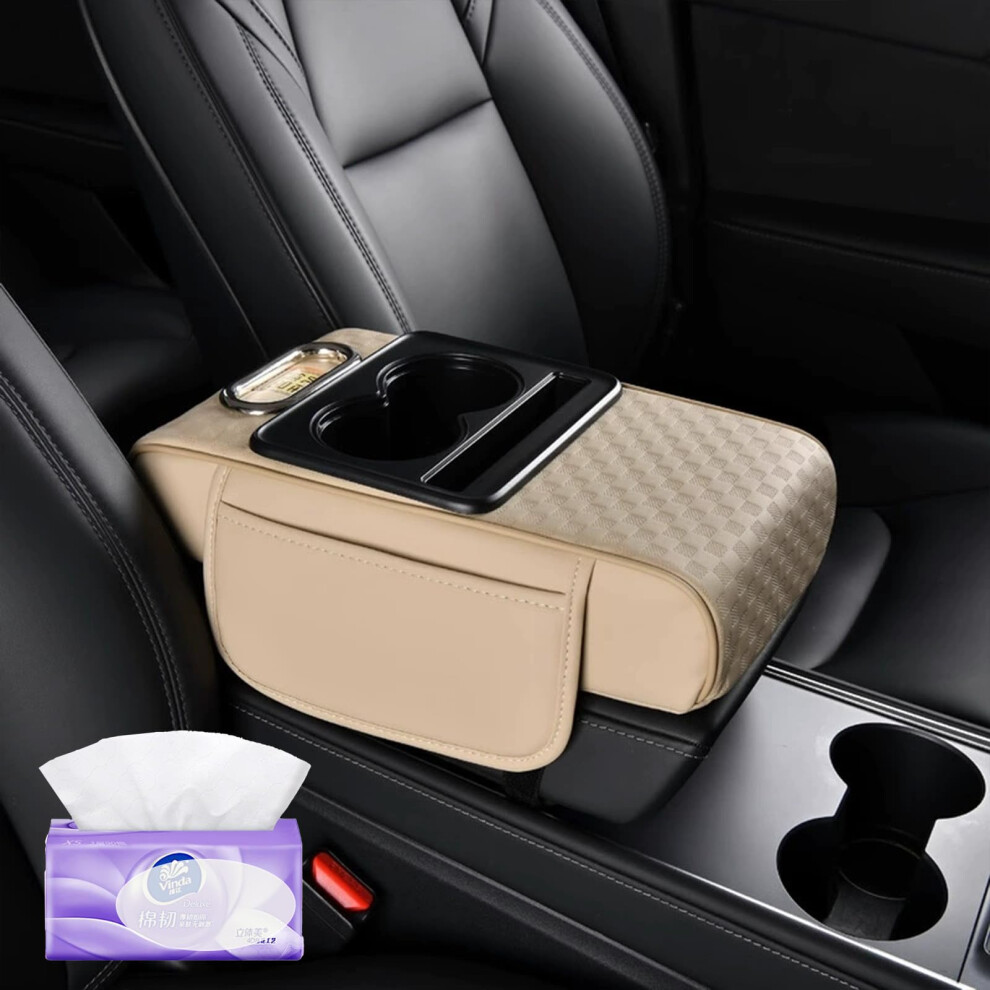 Car Armrest Organizer Pu Leather 5In1 Storage With Cup Holders Tissue Box For Suv Sedan Beige 9169991204093