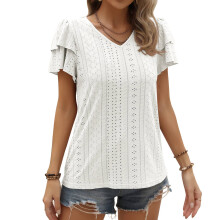 Neck Hollow Casual Blouse Eyelet Tshirts Women's Tops Breathable Casual Summer Tops With Jacquard Design Ruffle Sleeve Tops For Warm Weather Styling