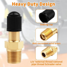 4 Set Gold 1/8 Schrader Valve, Metal 1/8 Tank Valve, Brass Pipe with Air Compressor Tank with Sealing Caps