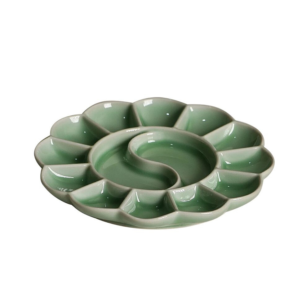 Handmade Celadon Palette Plum Blossom-Shaped Watercolor Paint Tray Ru Kiln Ceramic Plate and Pen Holder Green