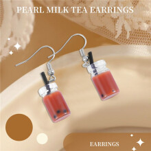Drôle de Citron Glace Thé Noir Perle Thé au Lait Boucles D'Oreilles Boba Bubble Tea Boucles D'Oreilles DrôLes pour Femmes, Café Noir