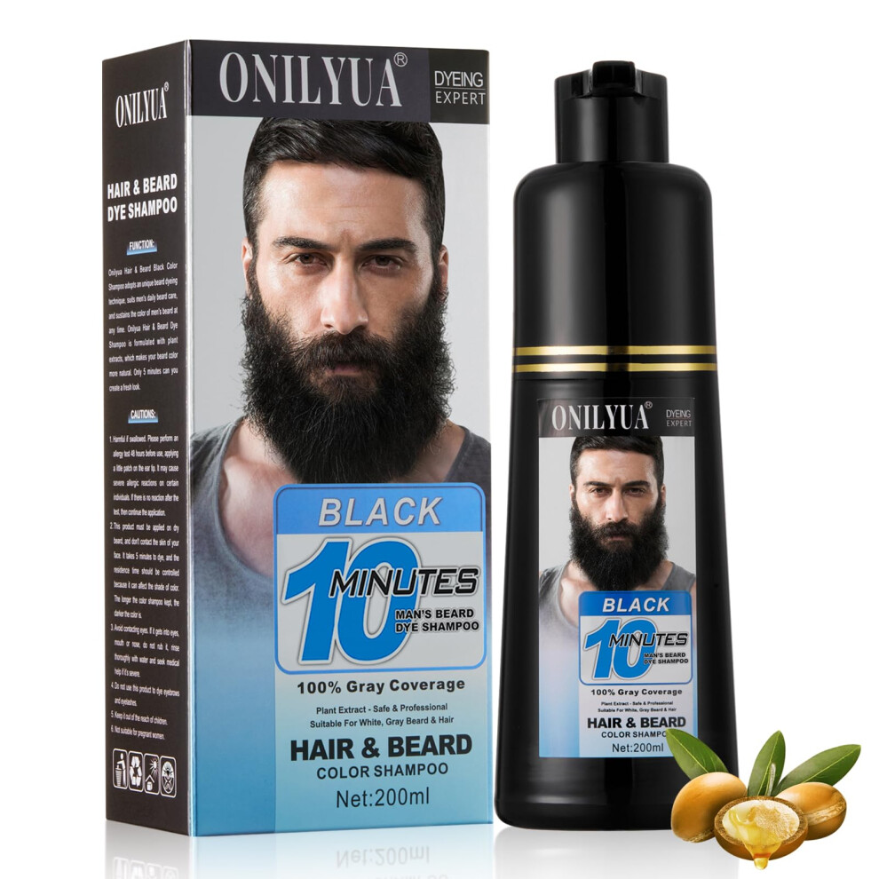 Black Men's Beard Dye Shampoo 3In1 Fast Gray Coverage Waterproof Long Lasting 200Ml