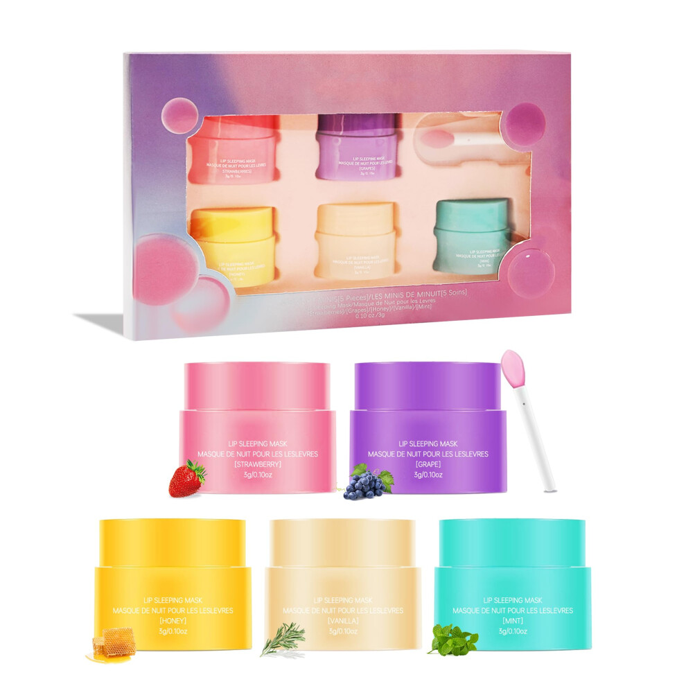 Lip Sleeping Mask Set 5 Pcs Hydrating Lip Balm Overnight  for Dry Cracked Lips with Shea Butter