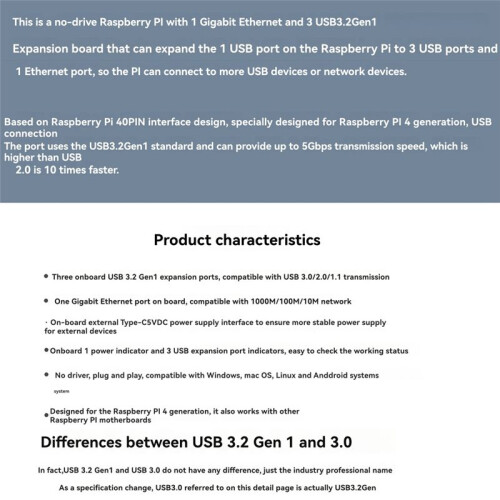Waveshare for Raspberry Pi USB 3.2 Gen1 HUB Gigabit ETH HAT Expansion Board USB 3.2 Gen1+1000M ETH  for Raspberry Pi 4B 2