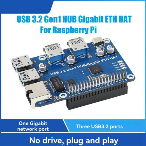 Waveshare for Raspberry Pi USB 3.2 Gen1 HUB Gigabit ETH HAT Expansion Board USB 3.2 Gen1+1000M ETH  for Raspberry Pi 4B 1