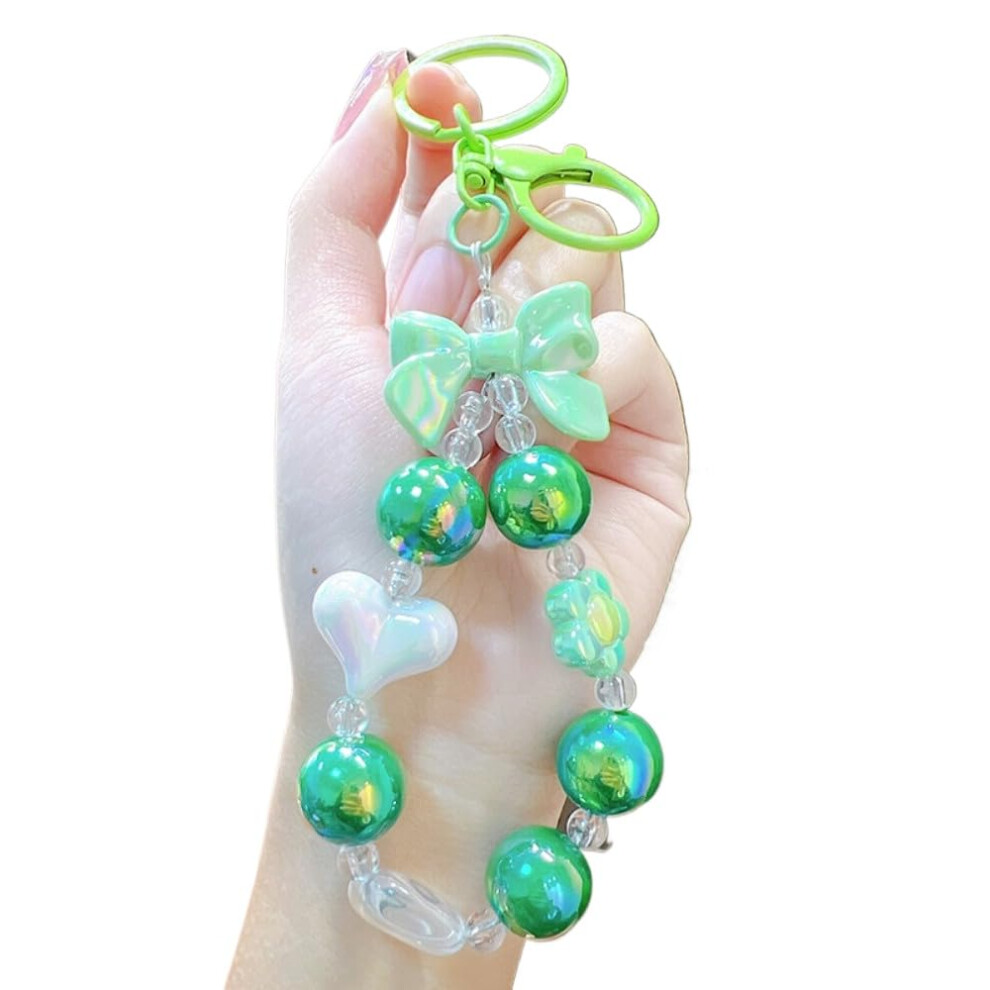 Beaded Bow Phone Charm And Heart Keychain For Women, Cute Strap Accessory Green 9771547185444