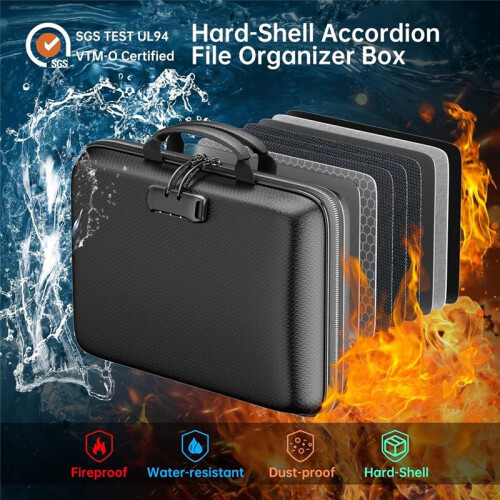 Fireproof File Organizer with Lock, Hard-Shell Case Fireproof Document Box with 13 Accordion File Folder, for Important 2