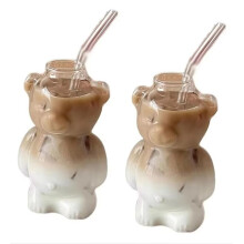 320ML Cartoon Bear Shaped Coffee Mug Cute Bear Mug Glass Cup with Straw Transparent Innovative Milk Coffee Water Cups