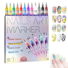12 Colors Nail Art Pens Set with 0.5mm Precision Tip, QuickDry Markers for DIY and Professional Use