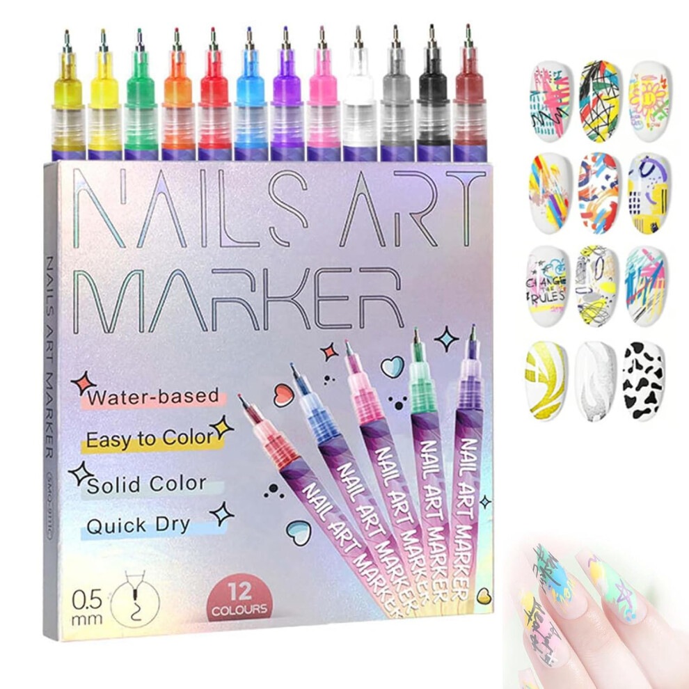 12 Colors Nail Art Pens Set with 0.5mm Precision Tip, QuickDry Markers for DIY and Professional Use