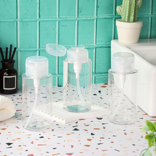 10oz Acetone Pump Dispenser 6 Pack Refillable Alcohol Push Down Bottle with Flip Cap Labels 1