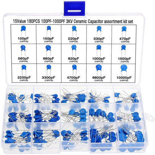 180Pcs 15 Values High Voltage Dip Ceramic Capacitor Assortment Kit Range 100PF-10000PF 3KV