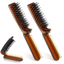 Travel Hair Brush Set, 2pcs Foldable Pocket Nylon Bristle Comb for Wet and Dry Hair – Amber