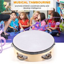 6 Inches Early Education Teaching Aids Hand Tambourine Children Percussion Tambourine Dance Hand Drum with 4 Bells