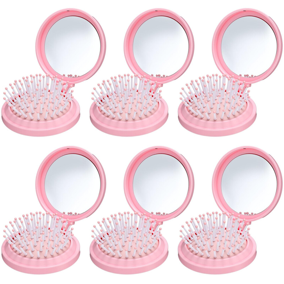 Unisex Pink 6 Pack Travel Hair Brush With Mirror, Mini Folding Pocket Comb, Compact Scalp Massage,