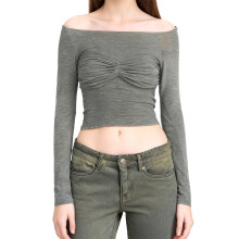 (M, Gray) T-shirt ajusté pour femme, froncé à la poitrine, épaules dénudées, manches longues, idéal pour les soirées