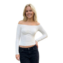(S, Creamy-white) T-shirt ajusté pour femme, froncé à la poitrine, épaules dénudées, manches longues, idéal pour les soirées