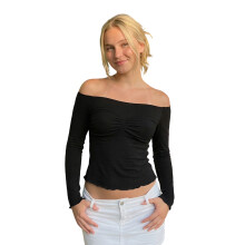 (L, Black) T-shirt ajusté pour femme, froncé à la poitrine, épaules dénudées, manches longues, idéal pour les soirées